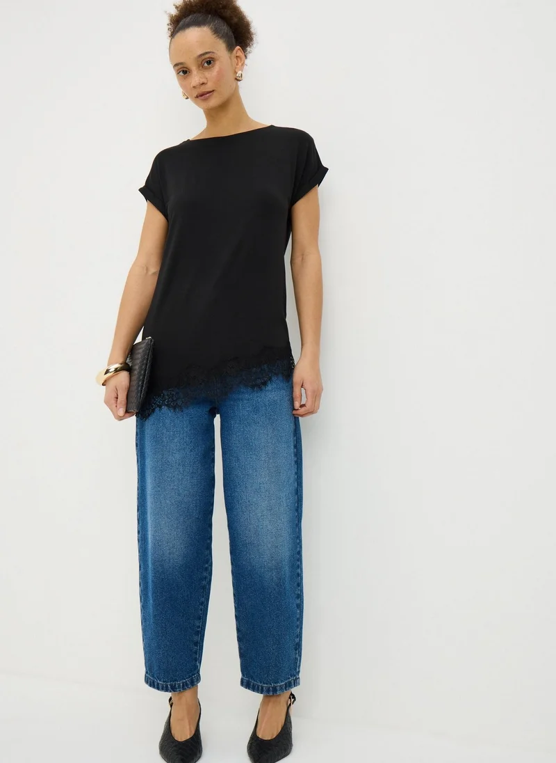 Matalan Black Asymmetric Lace Trim T-Shirt